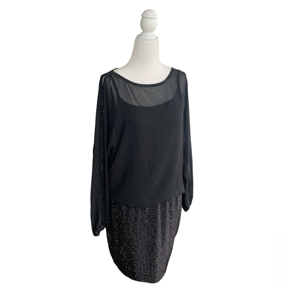 Cache Sequins Embellished Sheer Elegant Black Evening Mini Dress sz S